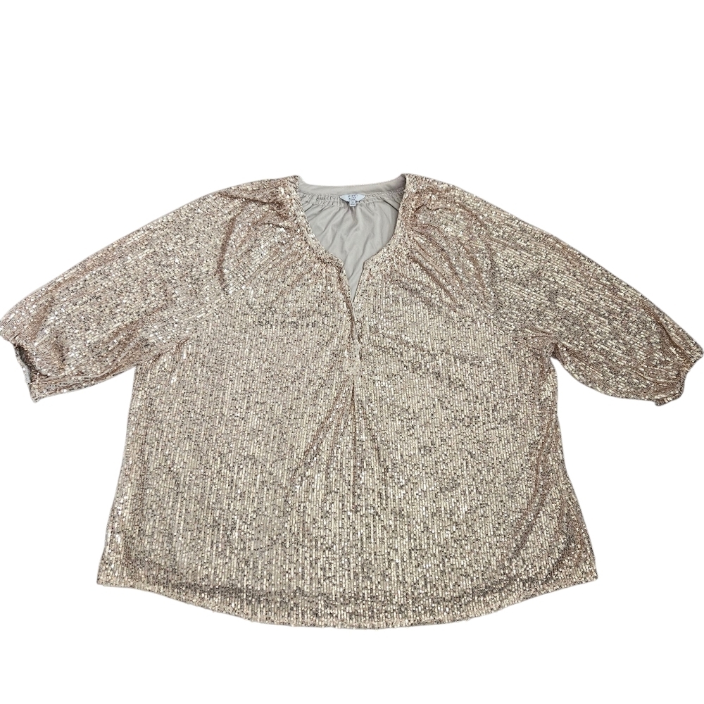 Crown & Ivy Womens Gold Sequin V-Neck Lined Blouse Sz 3X Holiday Formal Party